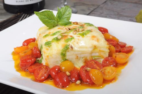 Cheese Lasagna with Sun Gold and Red Cherry Tomatoes, Provolone, and Basil Pesto