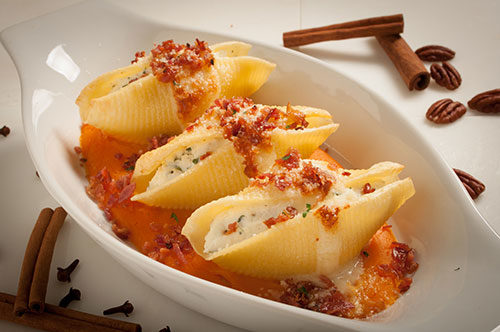 Classic Cheese Stuffed Shells Pumpkin Spiced Sauce and Bacon Bits