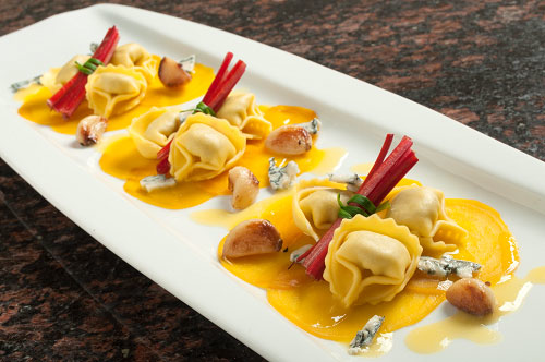 Braised Beef Tortellini with Roasted Golden Beets, Roasted Garlic Oil and Roquefort Cheese