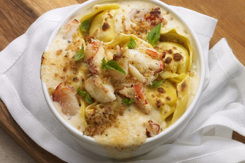 Cheese and Caramelized Onion Tortelloni Bake with Lump Crab Meat