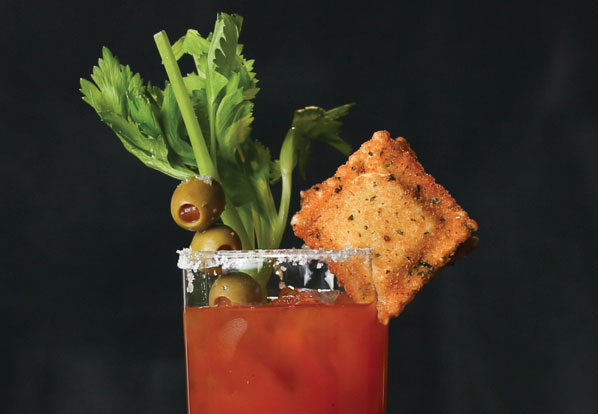 A Bloody Mary with a Toasted Ravioli Garnish